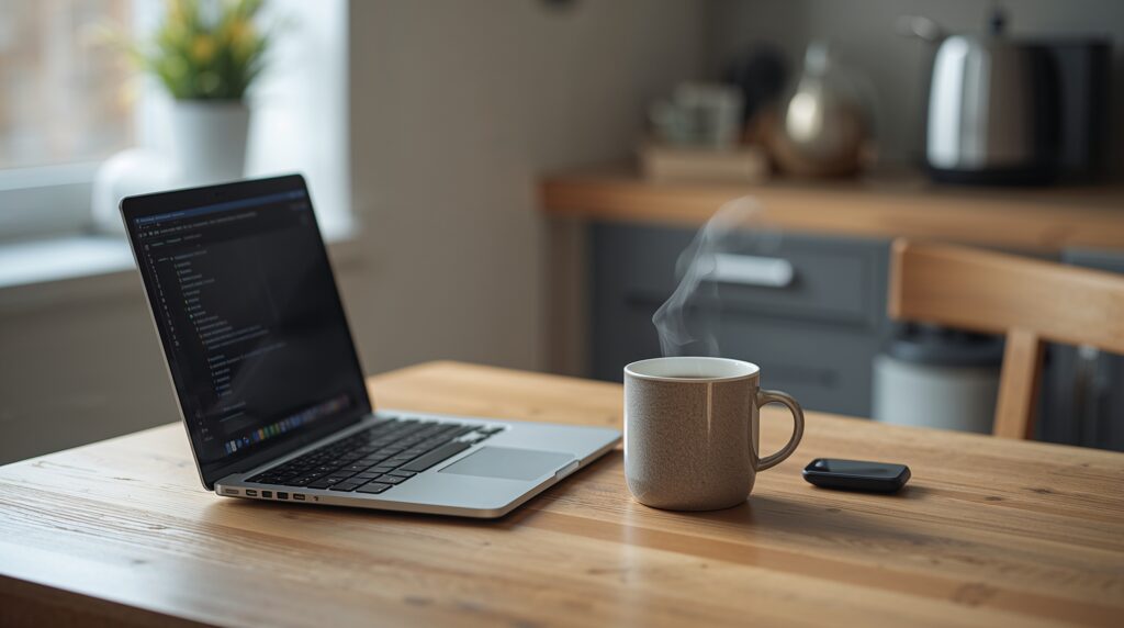 A cozy kitchen table with a laptop, a steaming mug, and a small gadget placed casually beside it. Soft daylight through a nearby window.