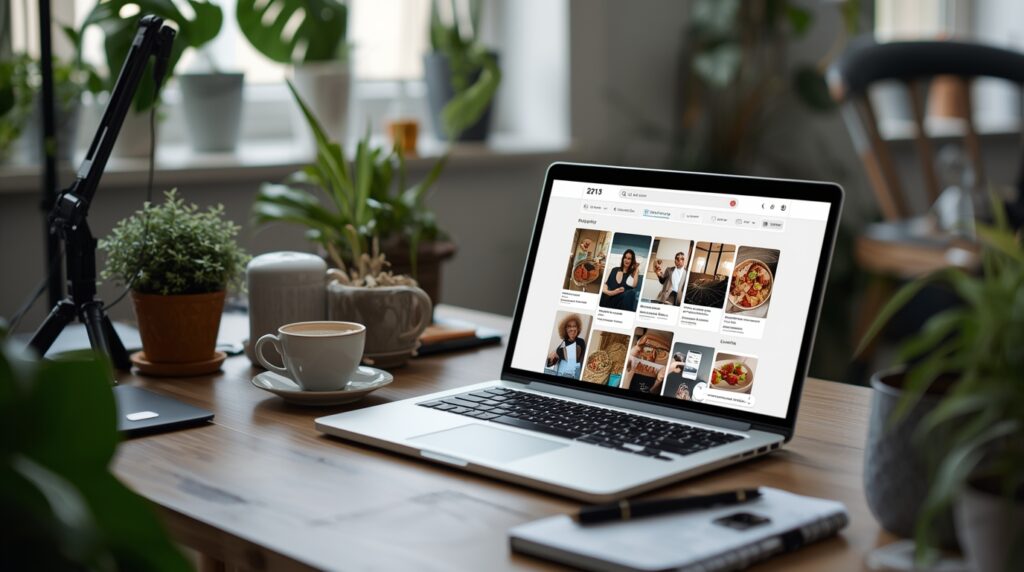 A home office desk with a laptop displaying a Pinterest-style feed, surrounded by casual workspace elements like plants and a cup of tea.